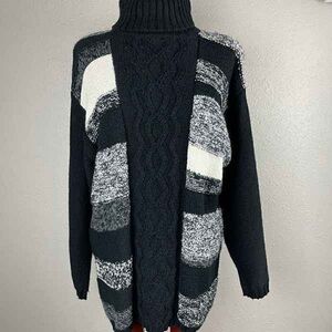 Women's Black & White Cable Turtleneck Sweater